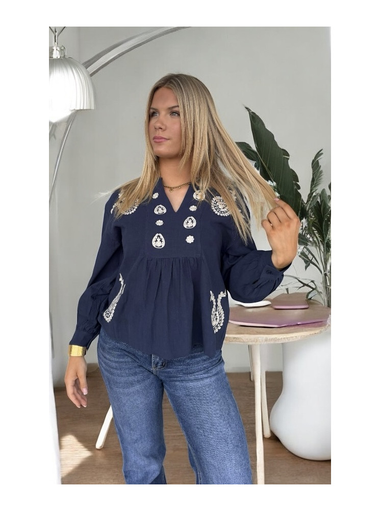 Blouse Brodée à Manches Longues