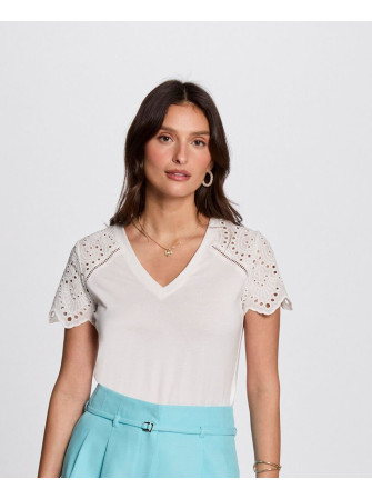 T-Shirt Manches Brodées Col V