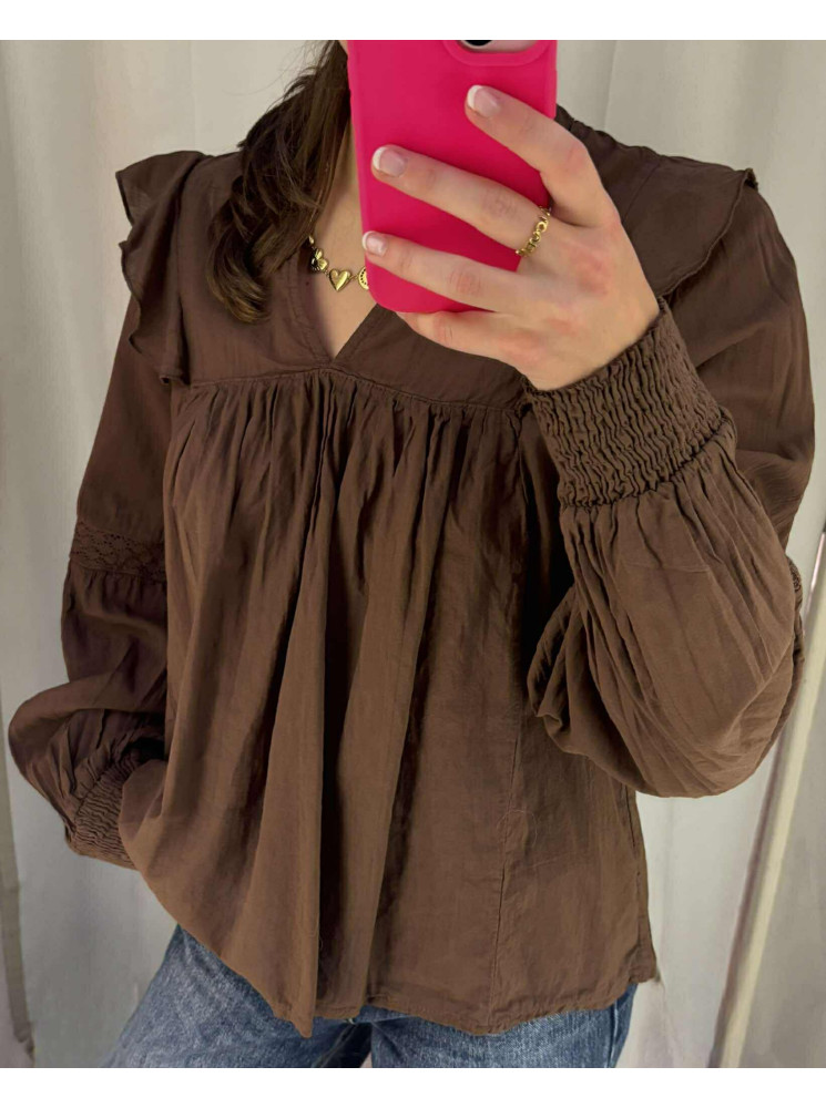 Blouse Unie Col V à Manches Longues
