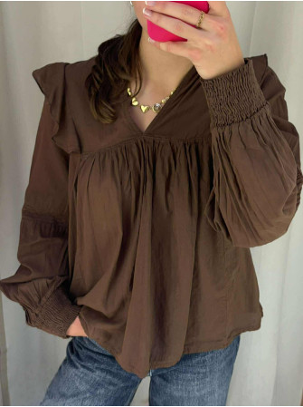 Blouse Unie Col V à Manches Longues