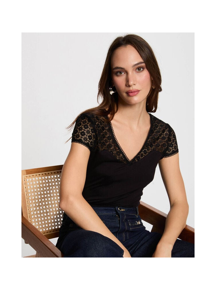 Top Col V Manches en Dentelle