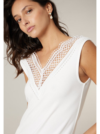 Top sans manches en col V brodé