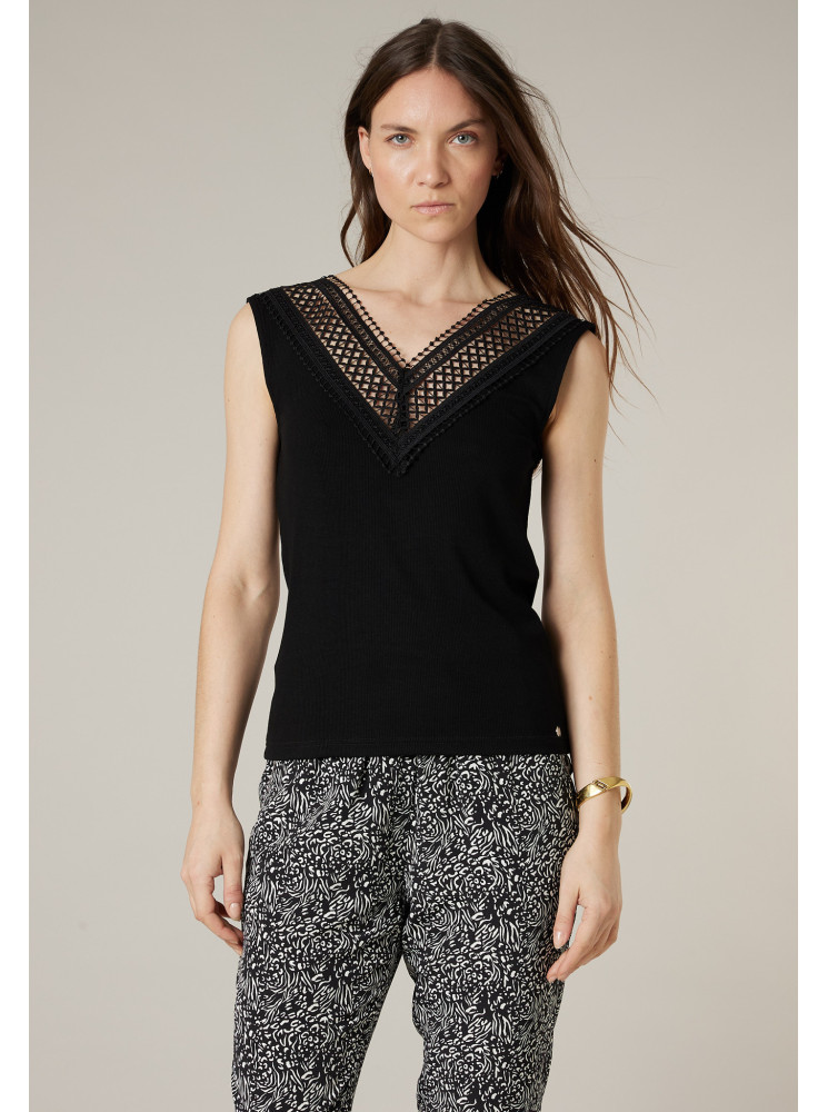 Top sans manches en col V brodé