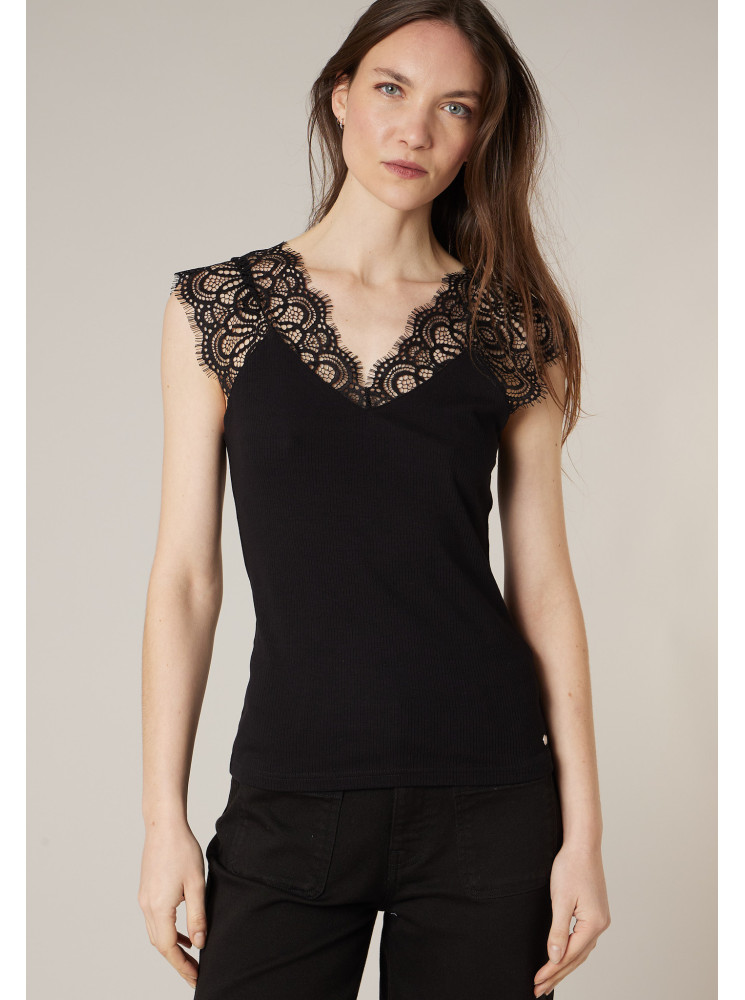 Top sans manches col en dentelle