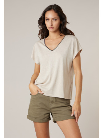 T-shirt brillant col V à...