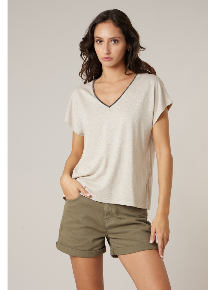 T-shirt brillant col V à manches courtes