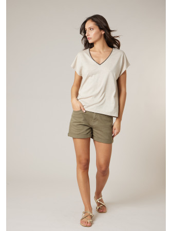 T-shirt brillant col V à manches courtes