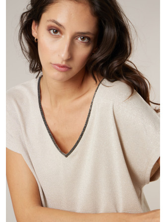 T-shirt brillant col V à manches courtes