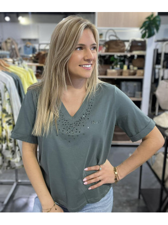 T-shirt col V à strass