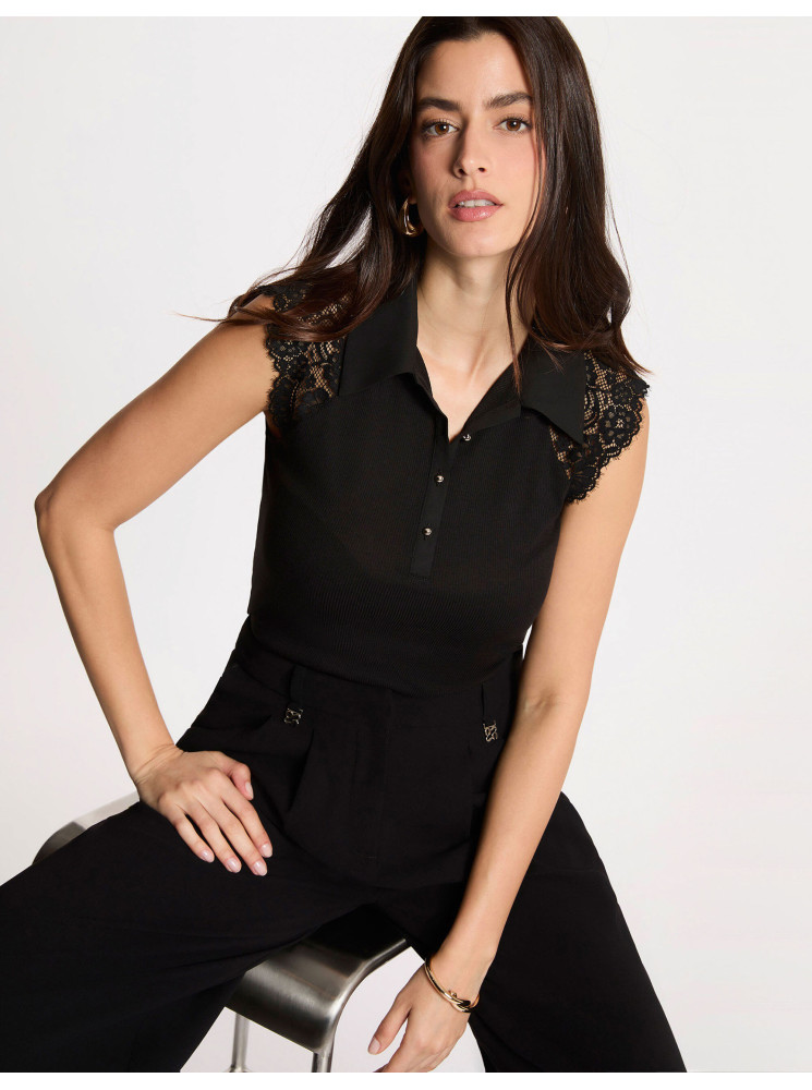 Top col chemise manches en dentelle